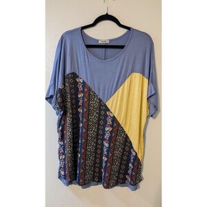 Story Teller Women 1X Mixed Media Colorblock Floral Leopard Print Tunic Top Blue